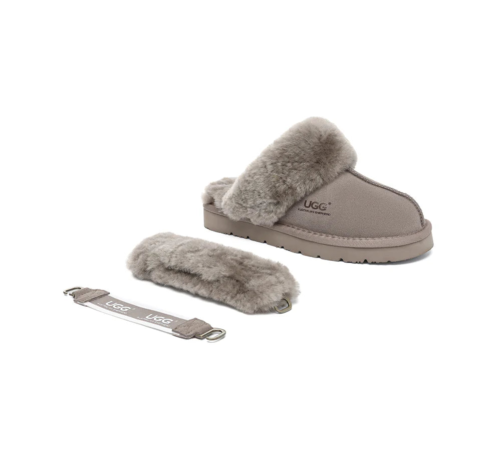 AUSTRALIAN SHEPHERD 3-Way Style UGG Women Slippers Removable Wool Strap Slingback Muffin Fluffy